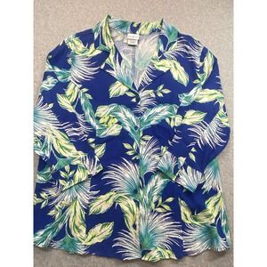 Jaclyn Smith Womens Blouse Extra Large XXL Blue Linen Casual Hawaiian Beach